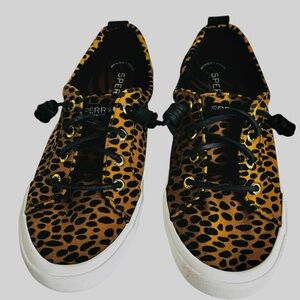 Sperry Women’s Leopard-Print Canvas Sneakers Sz 6.5 Tan & Black Like New